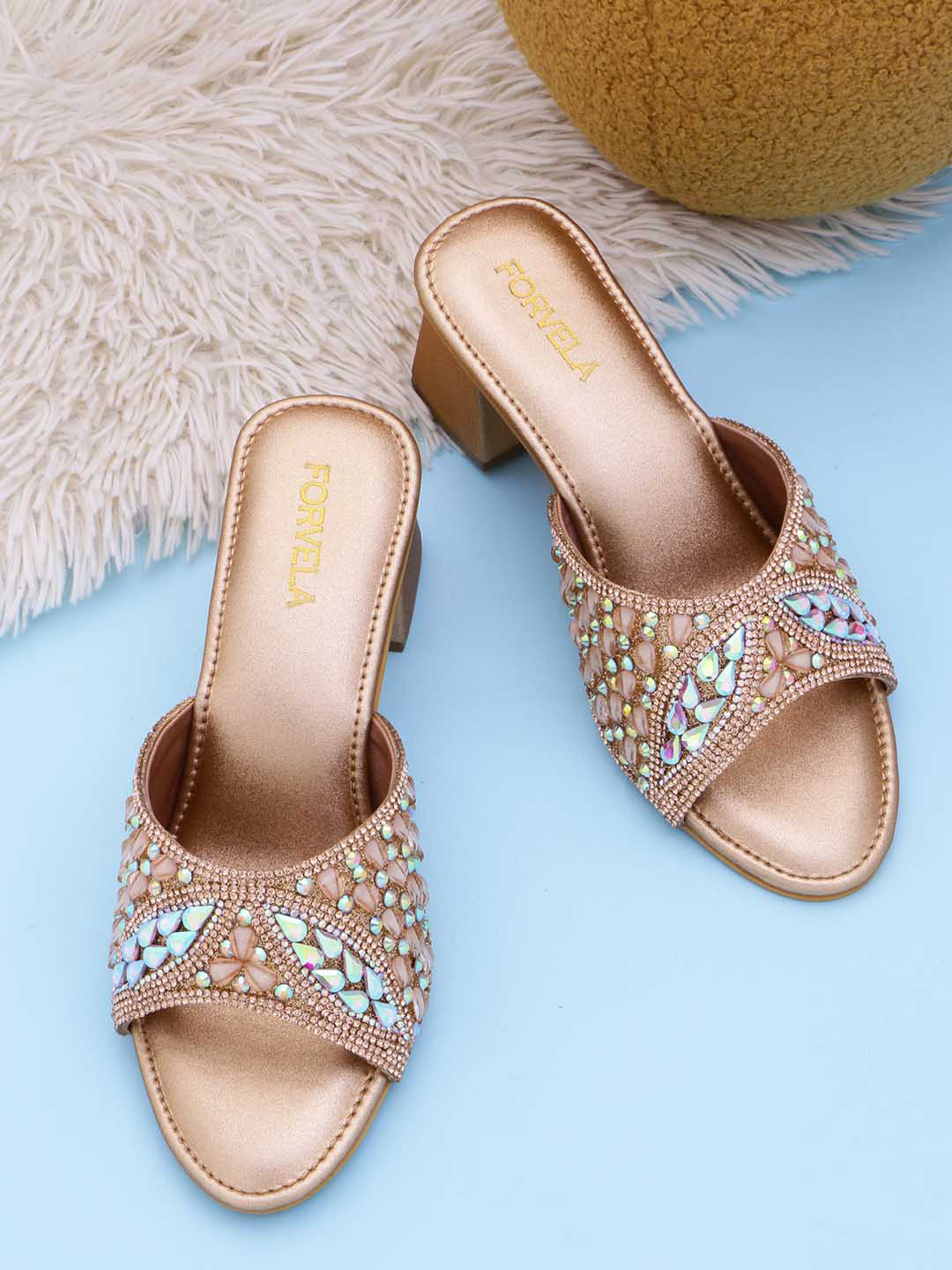 

FORVELA Embellished Open Toe Block Heels, Rose gold