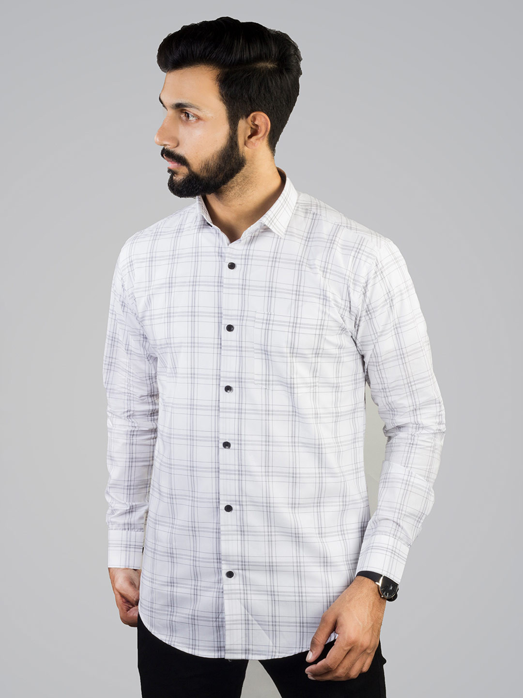 

INDIAN THREADS India Slim Windowpane Checks Cotton Casual Shirt, White
