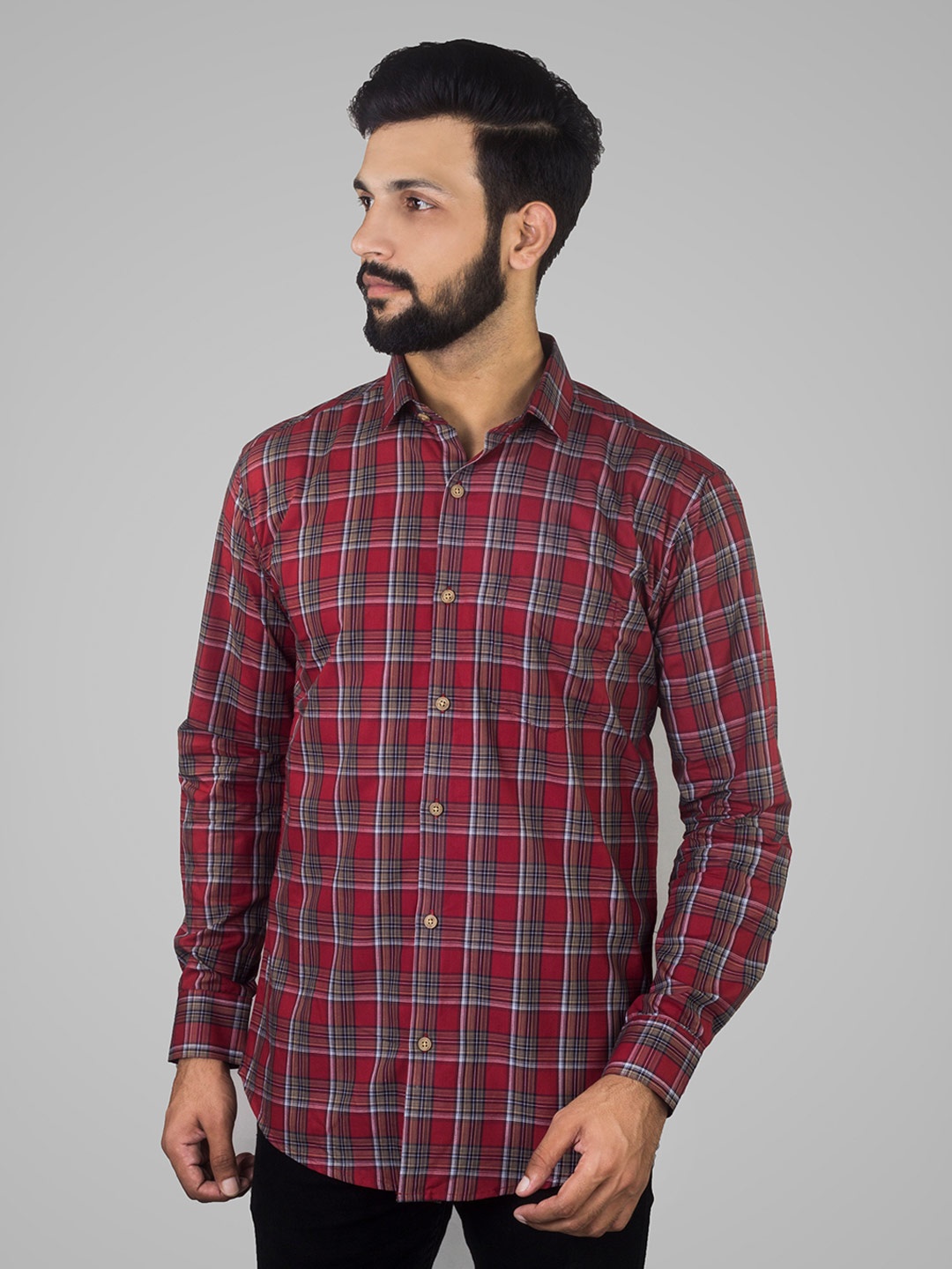 

INDIAN THREADS India Slim Tartan Checks Cotton Casual Shirt, Red