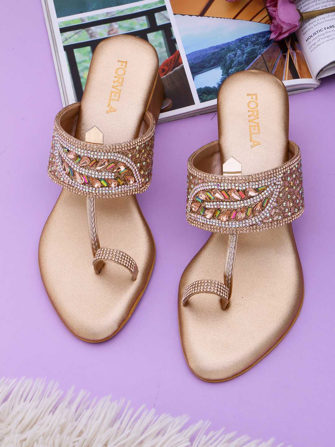 

FORVELA Embellished Open Toe Block Heels, Rose gold