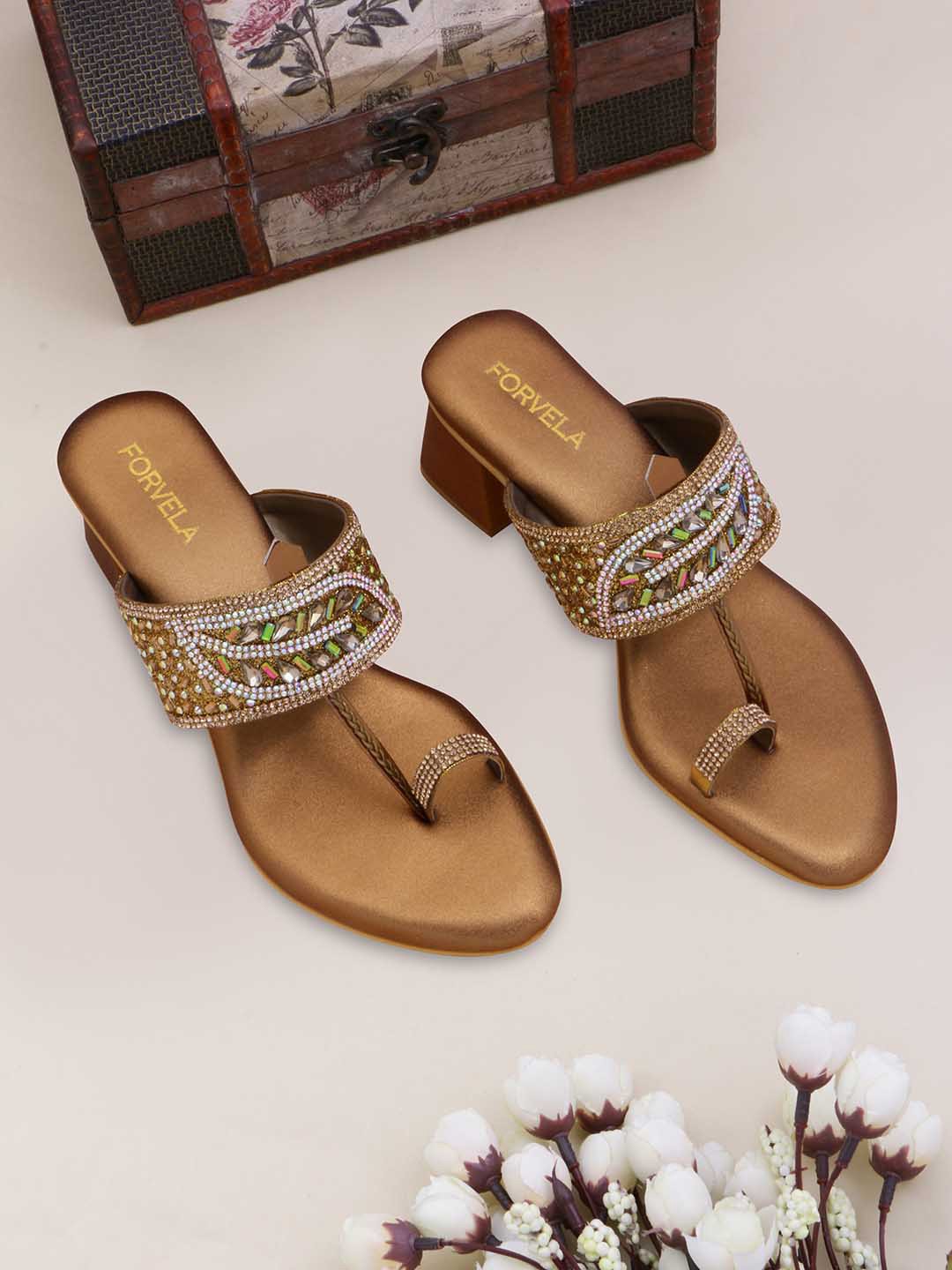 

FORVELA Embellished Open Toe Block Heels, Gold
