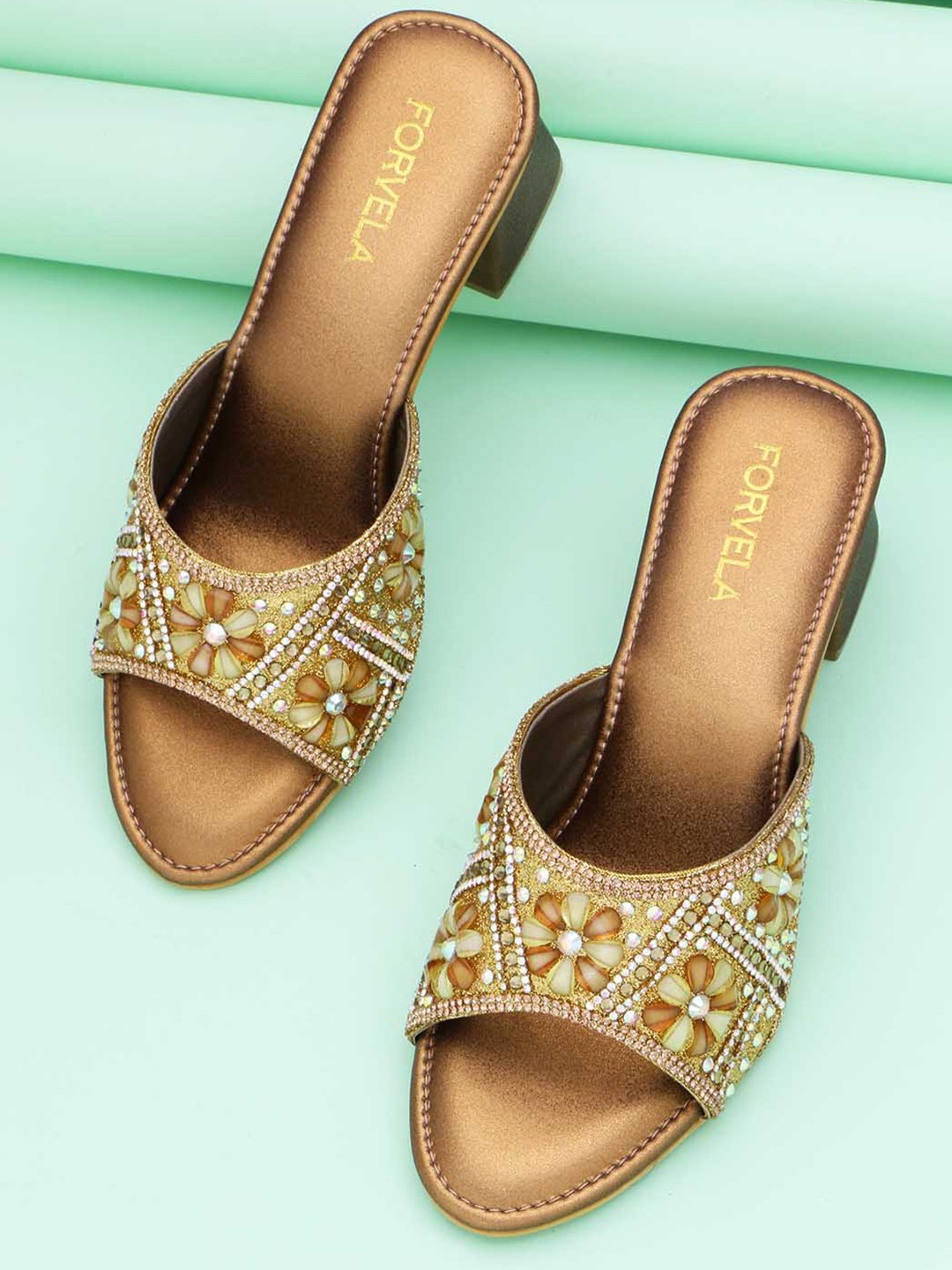 

FORVELA Embellished Open Toe Block Heels, Gold