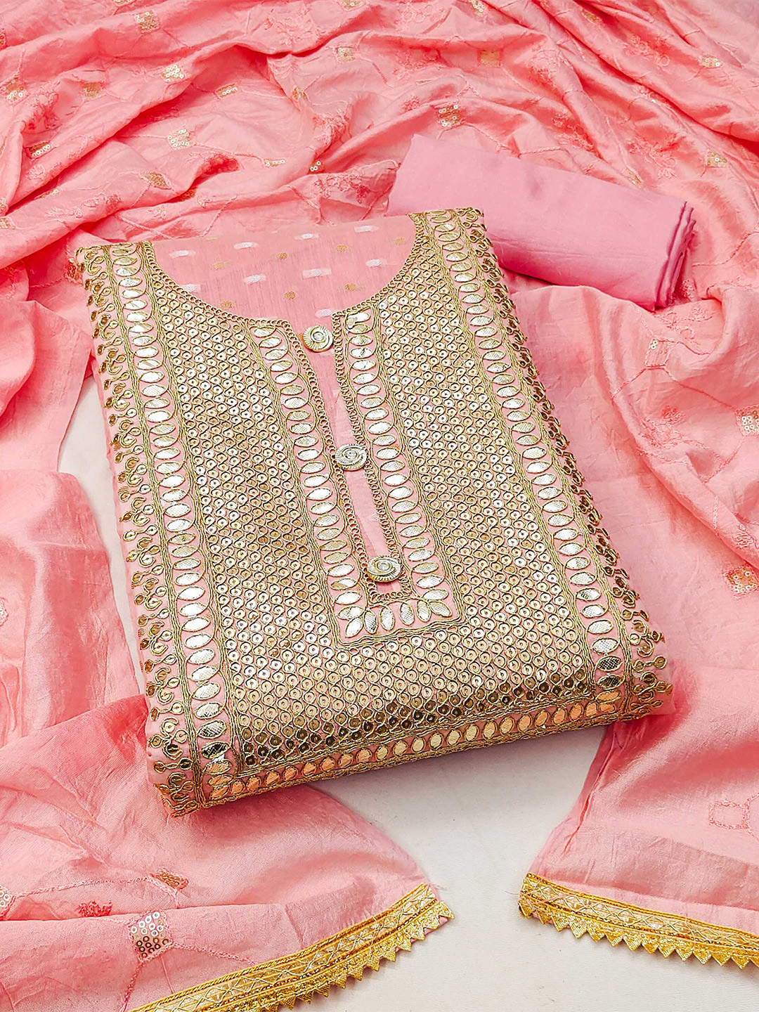 

KALINI Floral Woven Design Sequinned Unstitched Dress Material, Pink