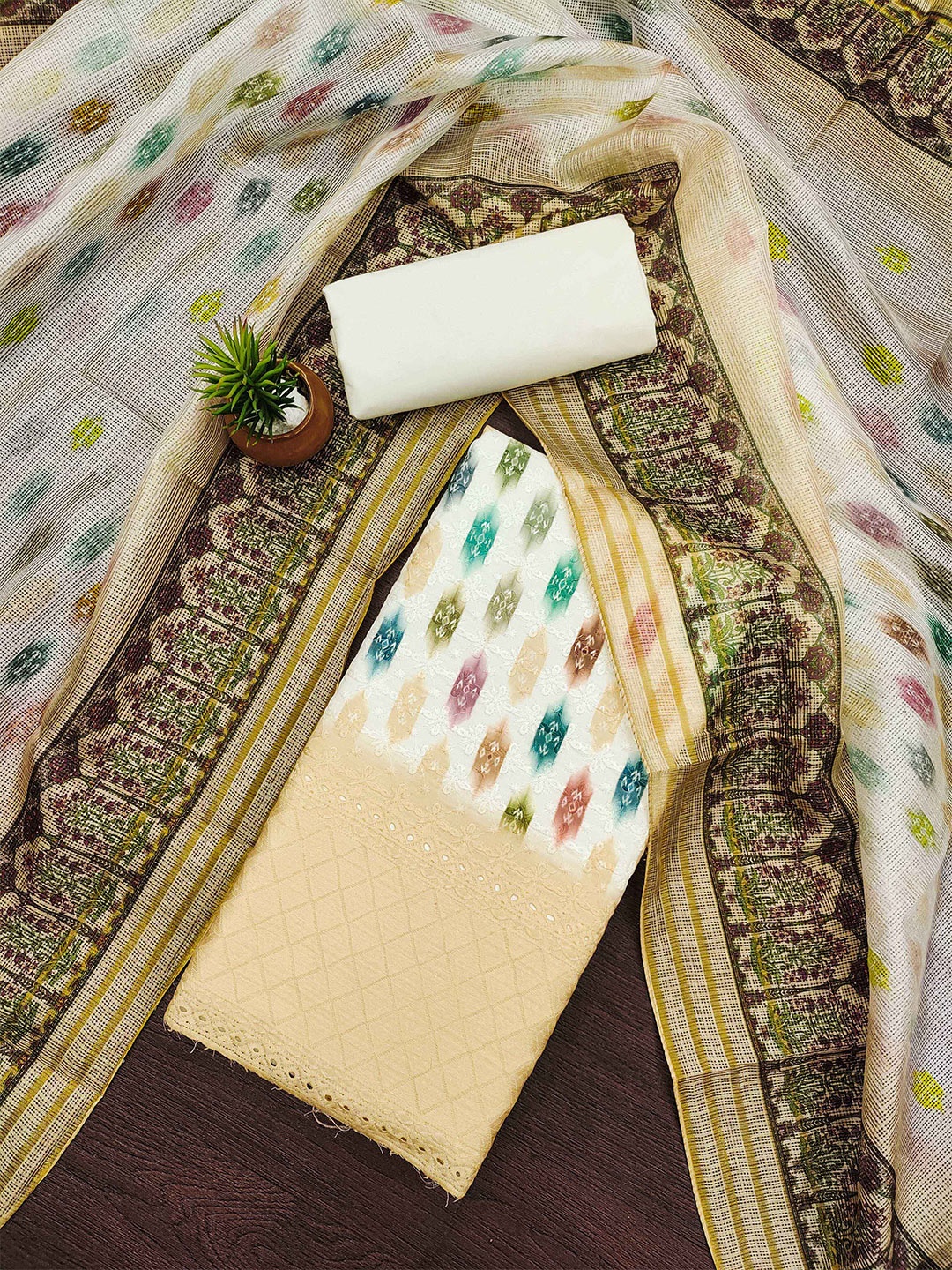 

KALINI Ethnic Motifs Embroidered Unstitched Dress Material, Beige