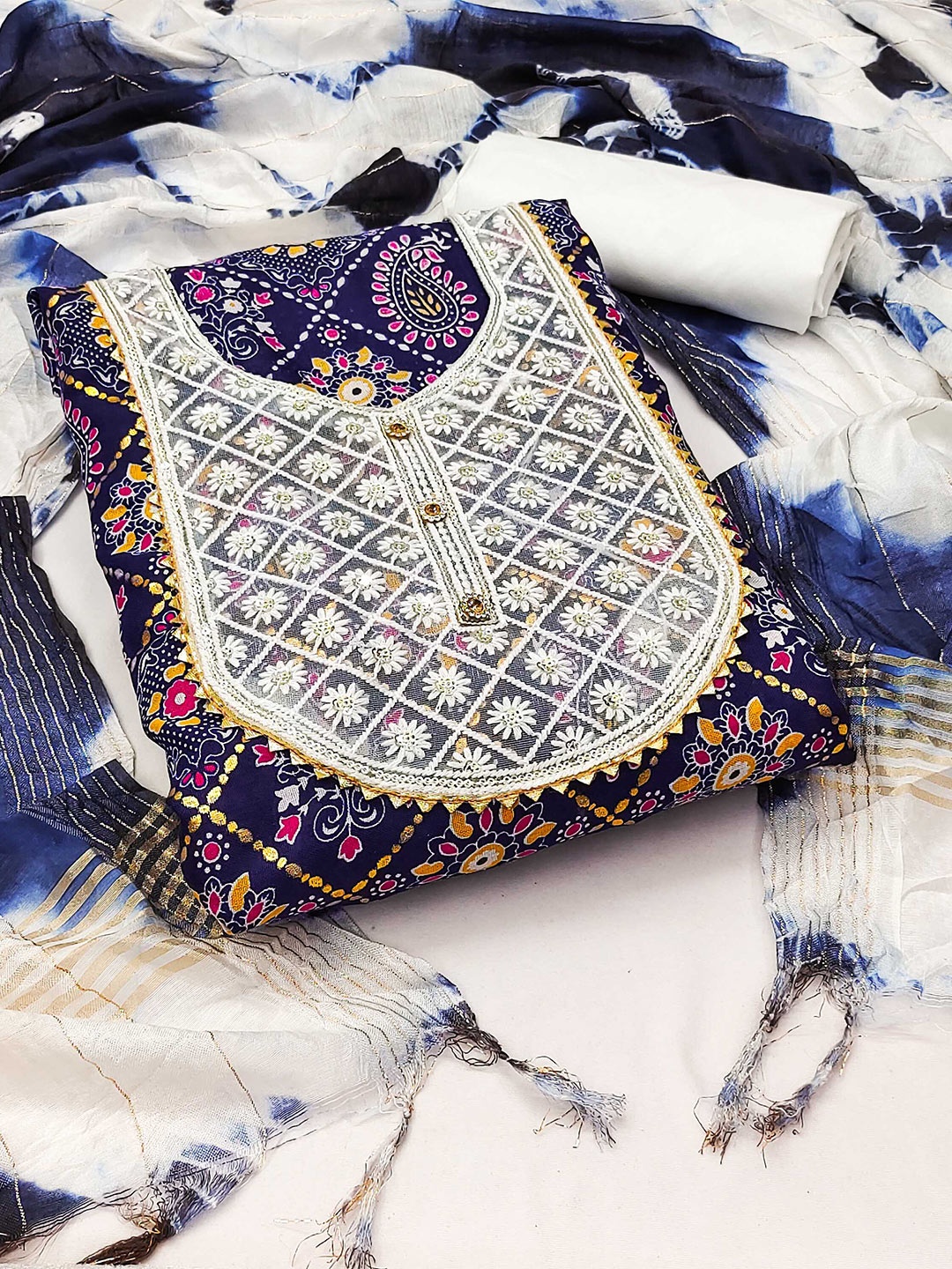 

KALINI Ethnic Motifs Printed Gotta Patti Unstitched Dress Material, Blue