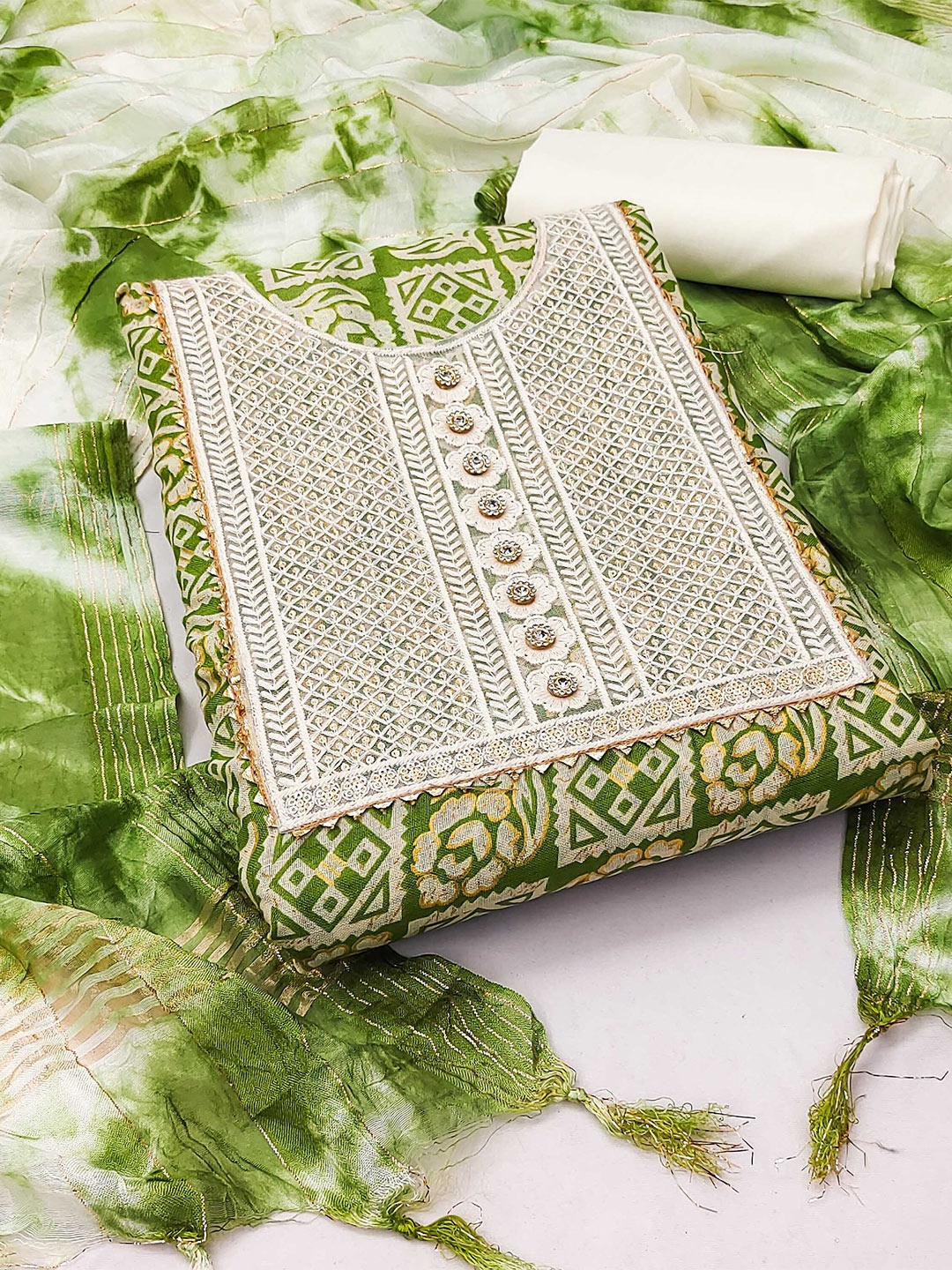 

KALINI Ethnic Motifs Printed Gotta Patti Unstitched Dress Material, Green
