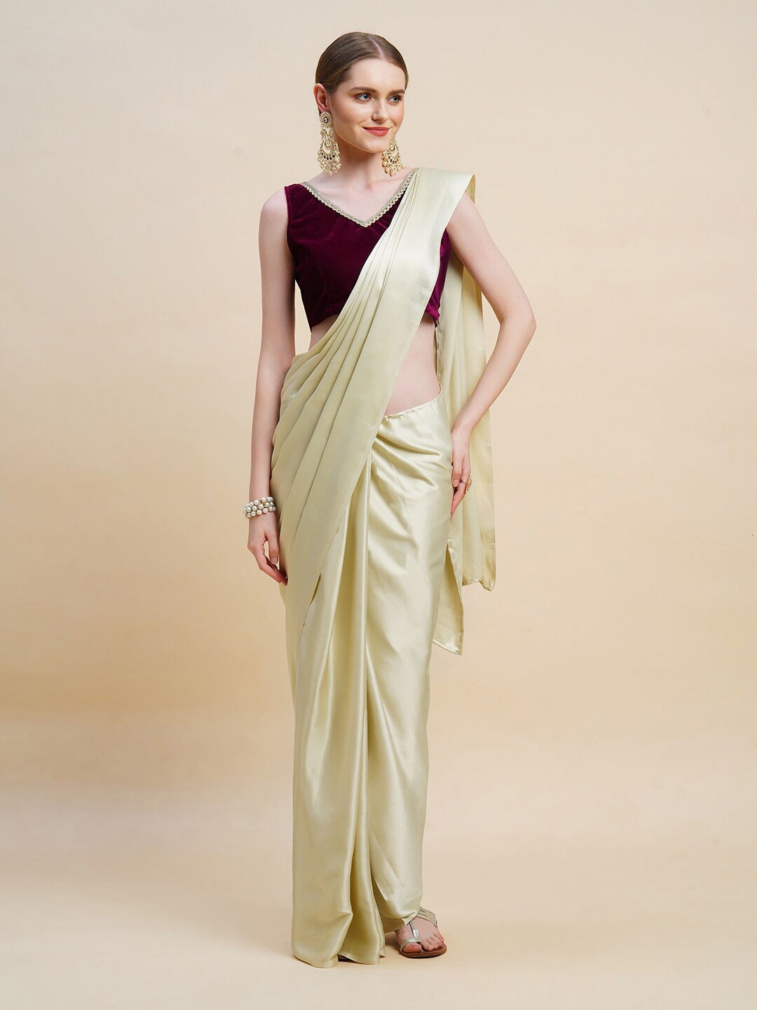 

BAPS Satin Saree With Velvet Blouse, Beige
