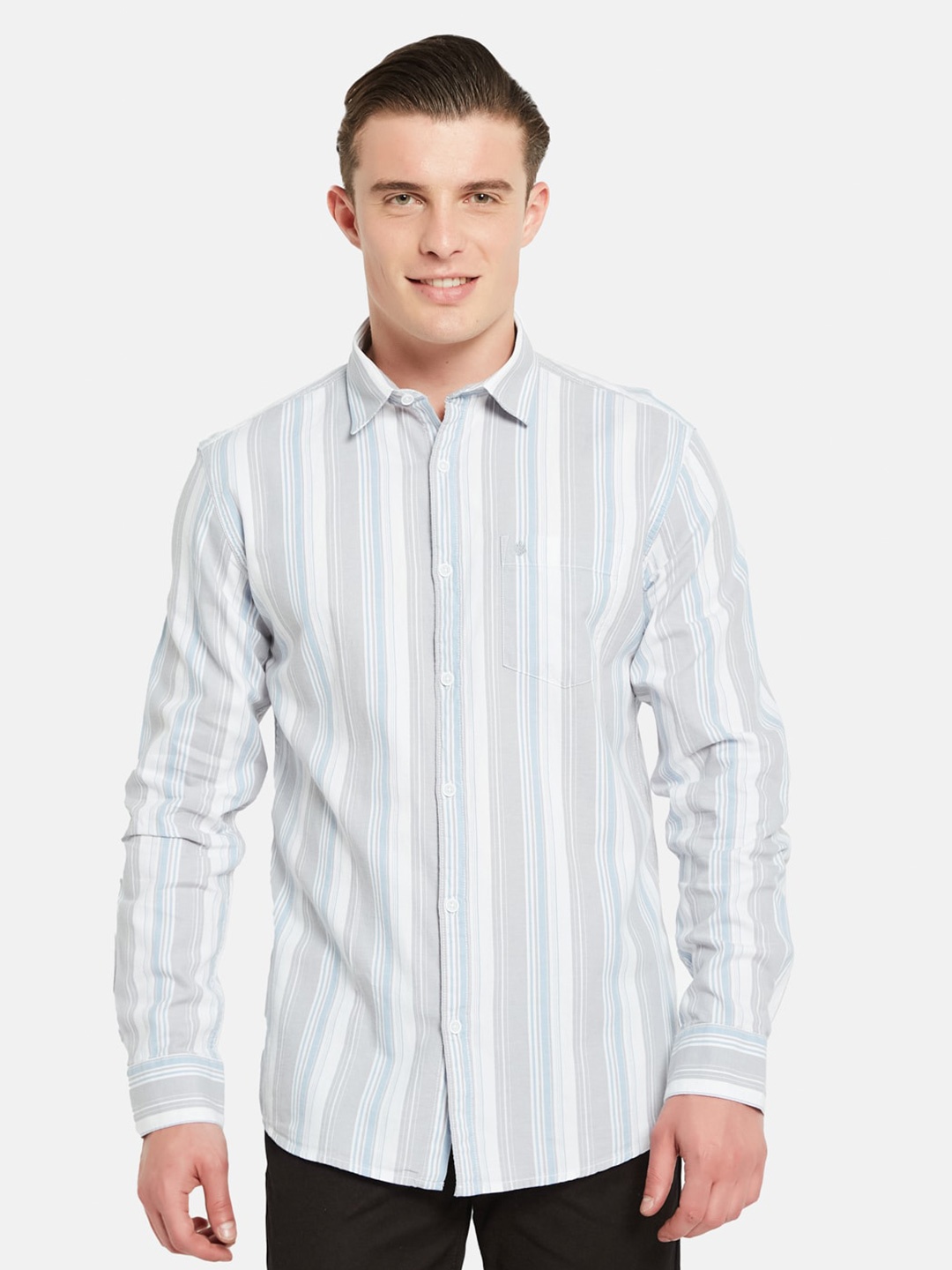 

METTLE Vertical Striped Spread Collar Cotton Casual Shirt, Grey
