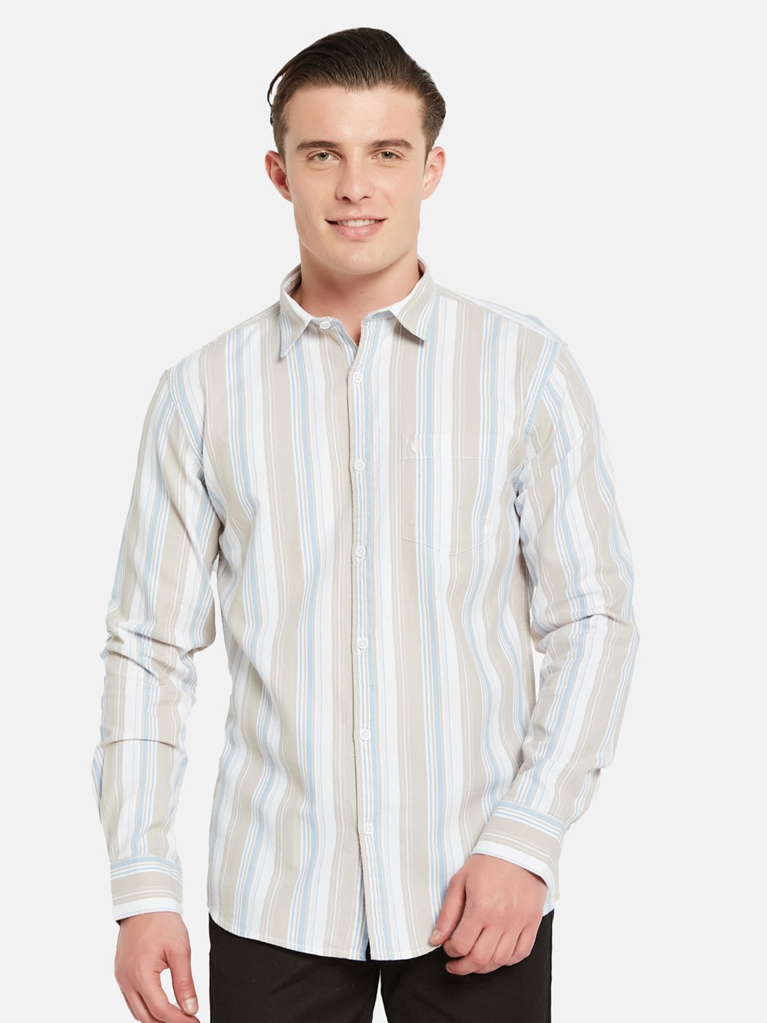 

METTLE Vertical Striped Spread Collar Cotton Casual Shirt, Cream