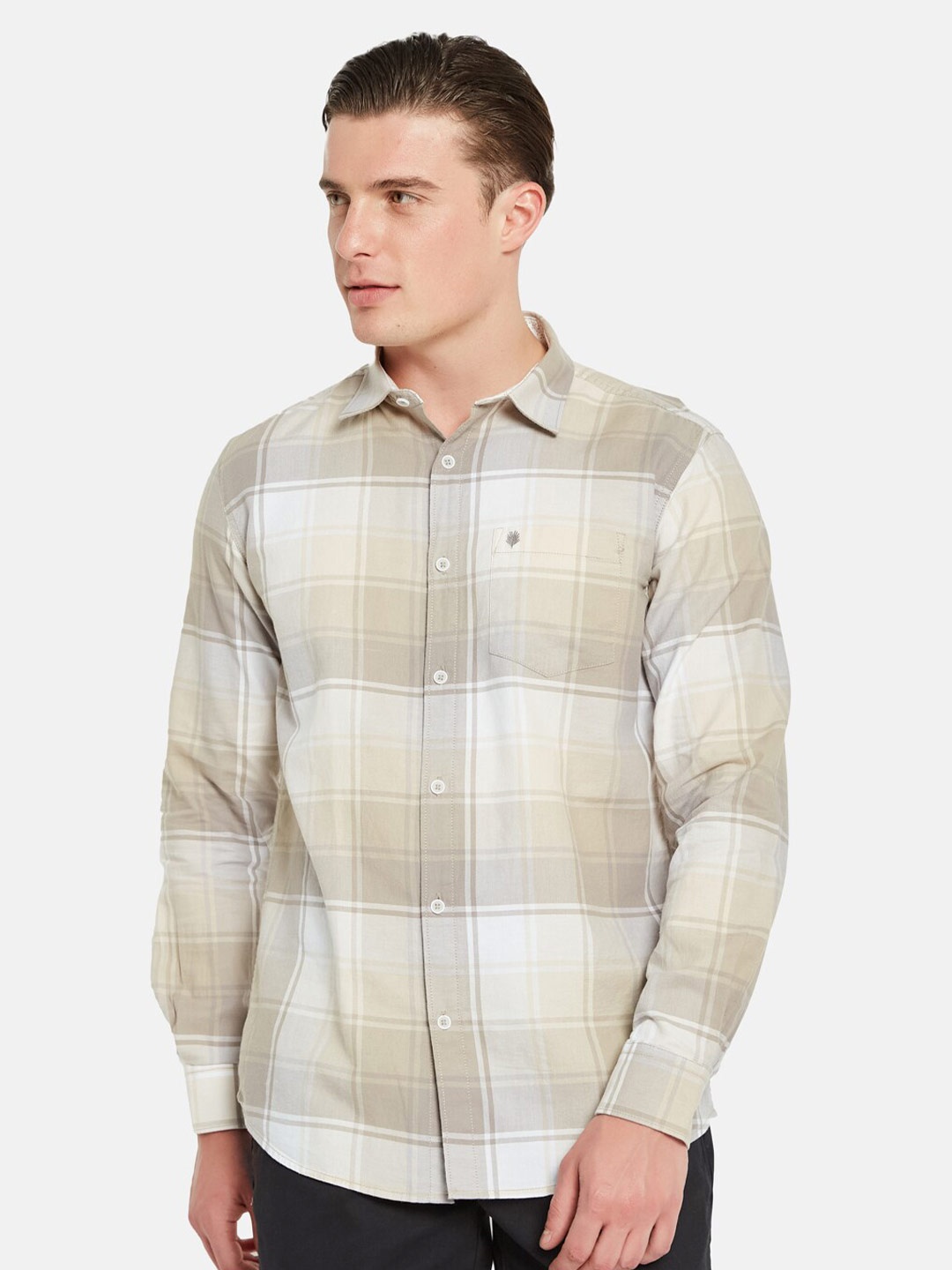 

METTLE Tartan Checked Spread Collar Cotton Casual Shirt, Brown