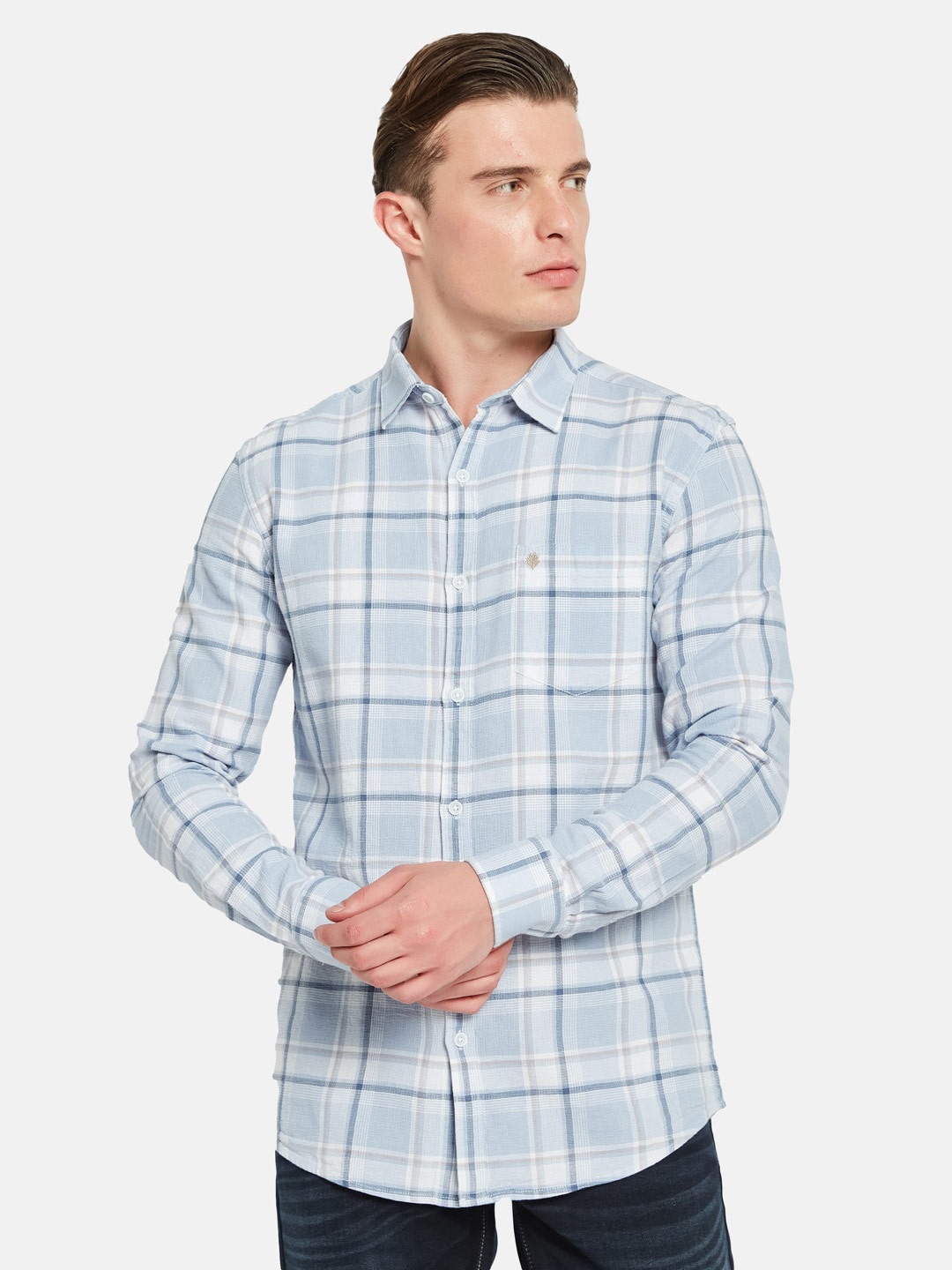 

METTLE Tartan Checked Spread Collar Cotton Casual Shirt, Blue