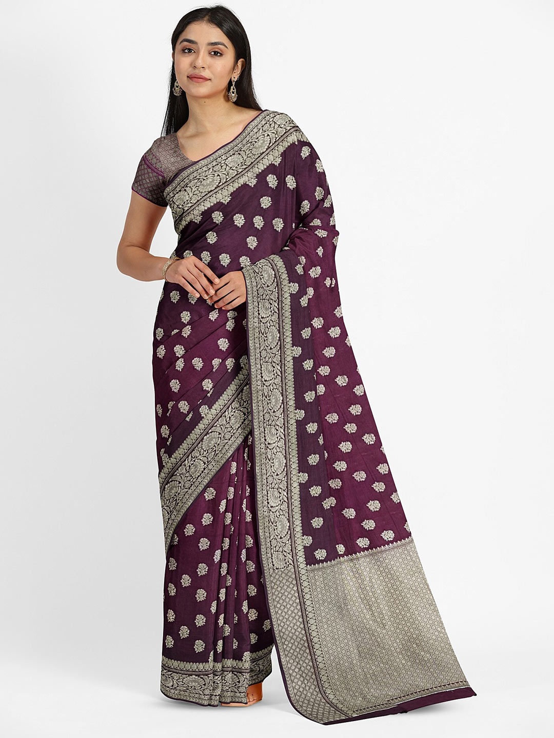 

Muskan Fashion Ethnic Motifs Zari Pure Georgette Banarasi Saree, Purple