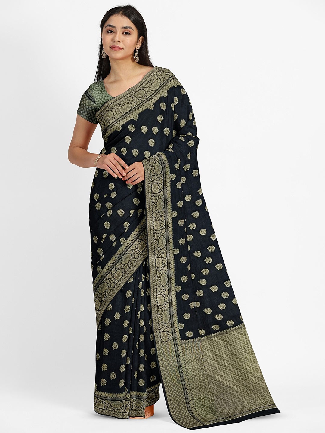 

Muskan Fashion Ethnic Motifs Zari Pure Georgette Banarasi Saree, Black