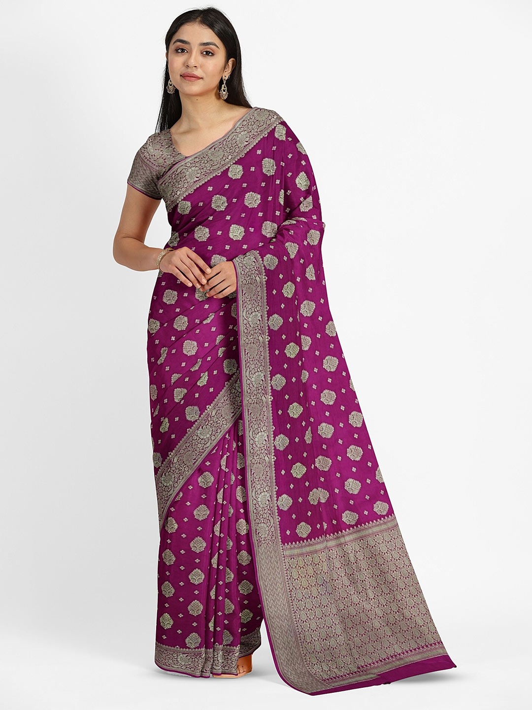 

Muskan Fashion Woven Design Zari Pure Georgette Banarasi Saree, Pink