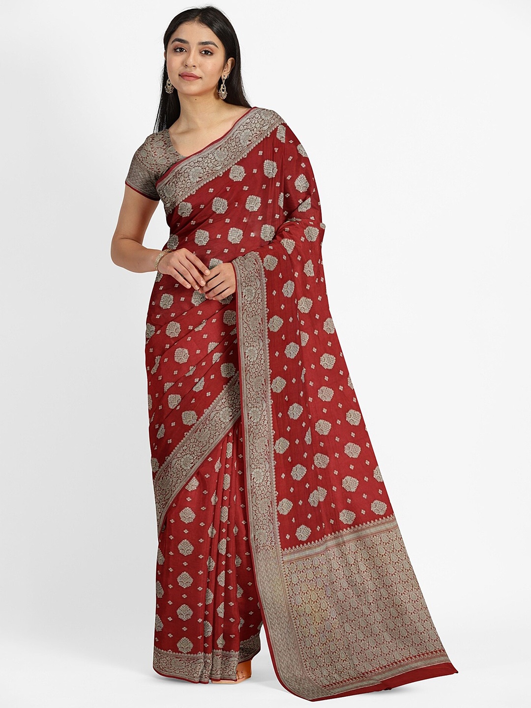 

Muskan Fashion Ethnic Motifs Zari Pure Georgette Banarasi Saree, Red
