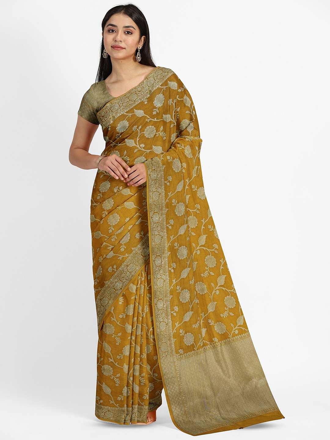 

Muskan Fashion Ethnic Motifs Zari Pure Georgette Banarasi Saree, Mustard