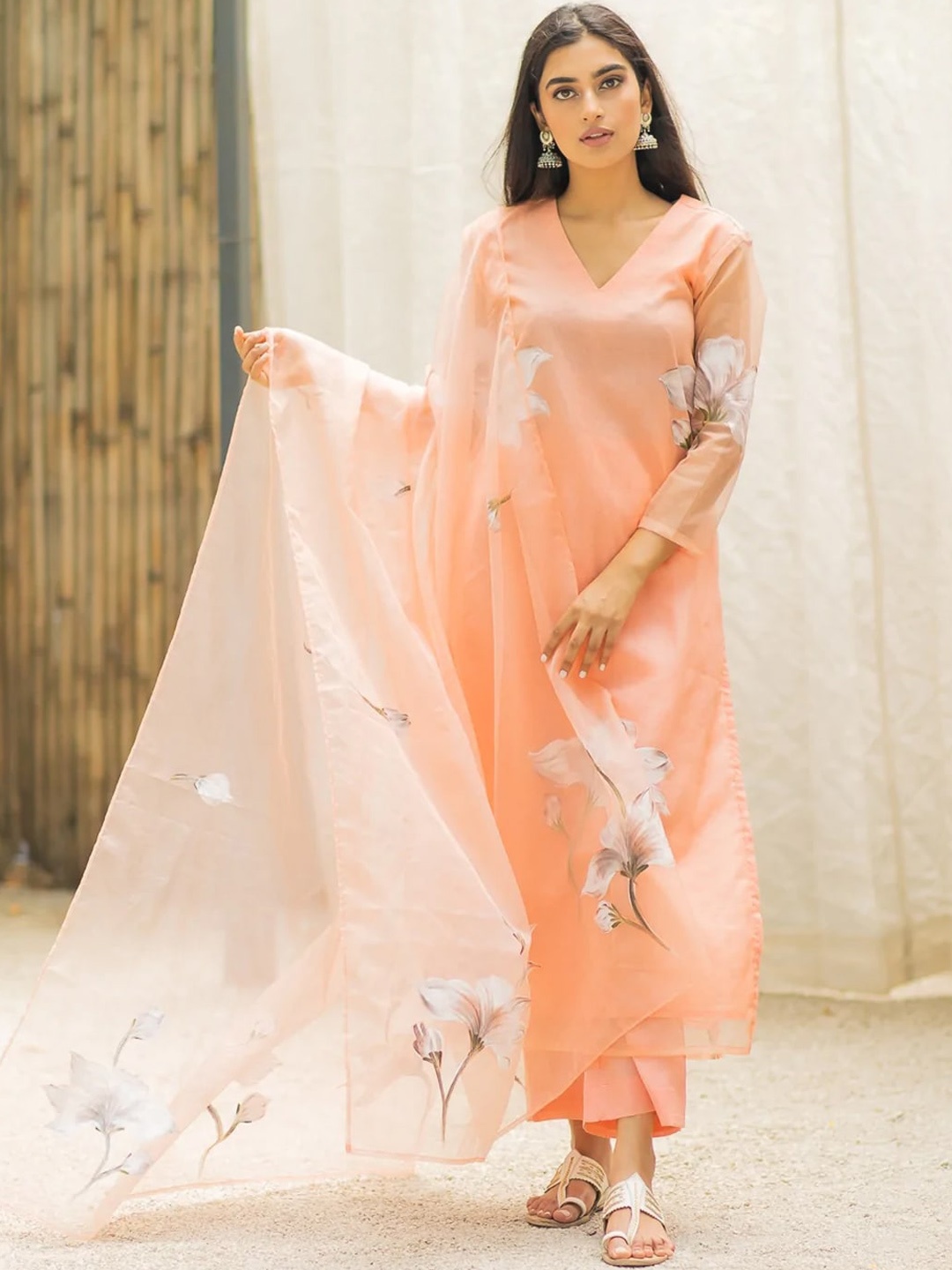 

Ambraee Floral Printed V-Neck Straight Kurta With Trousers & Dupatta, Peach
