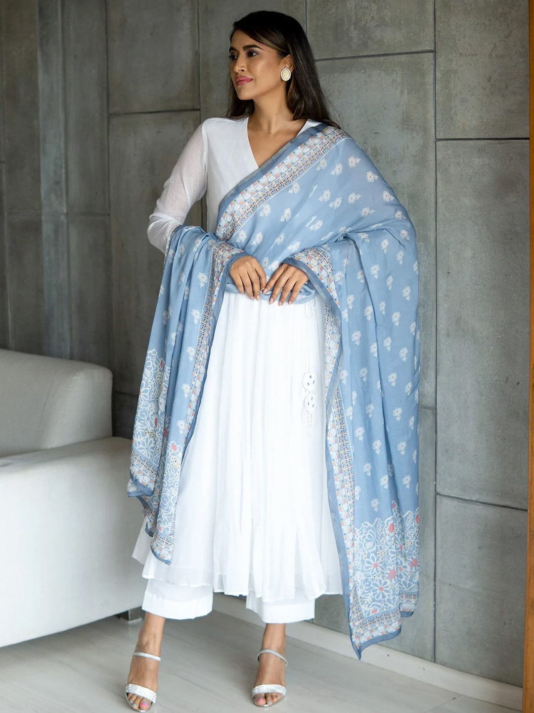 

Ambraee V-Neck Angrakha Kurta With Trousers & With Printed Dupatta, White