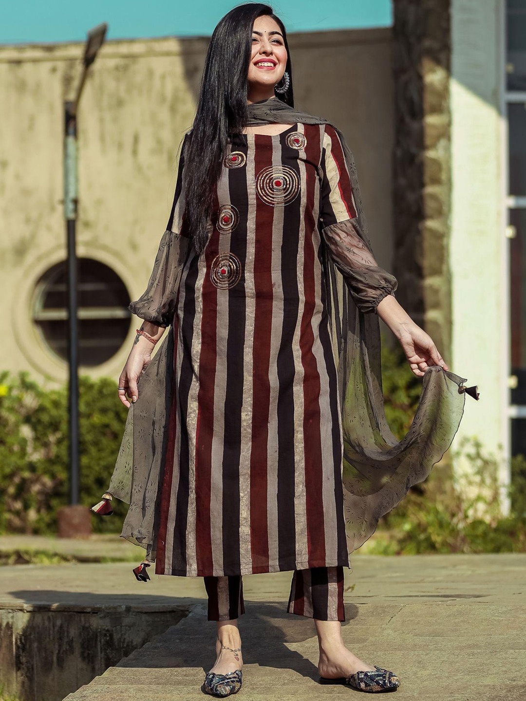 

Ambraee Striped Regular Thread Work Puffed Sleeves Straight Kurta With Trousers & Dupatta, Brown