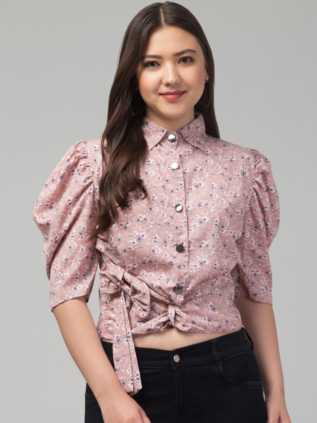 

Vastrasky Global Floral Print Puff Sleeve Crepe Shirt Style Crop Top, Pink