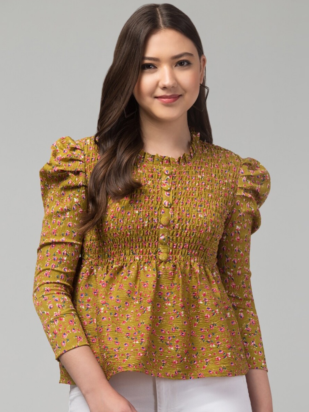 

Vastrasky Global Floral Print Puff Sleeve Peplum Top, Mustard