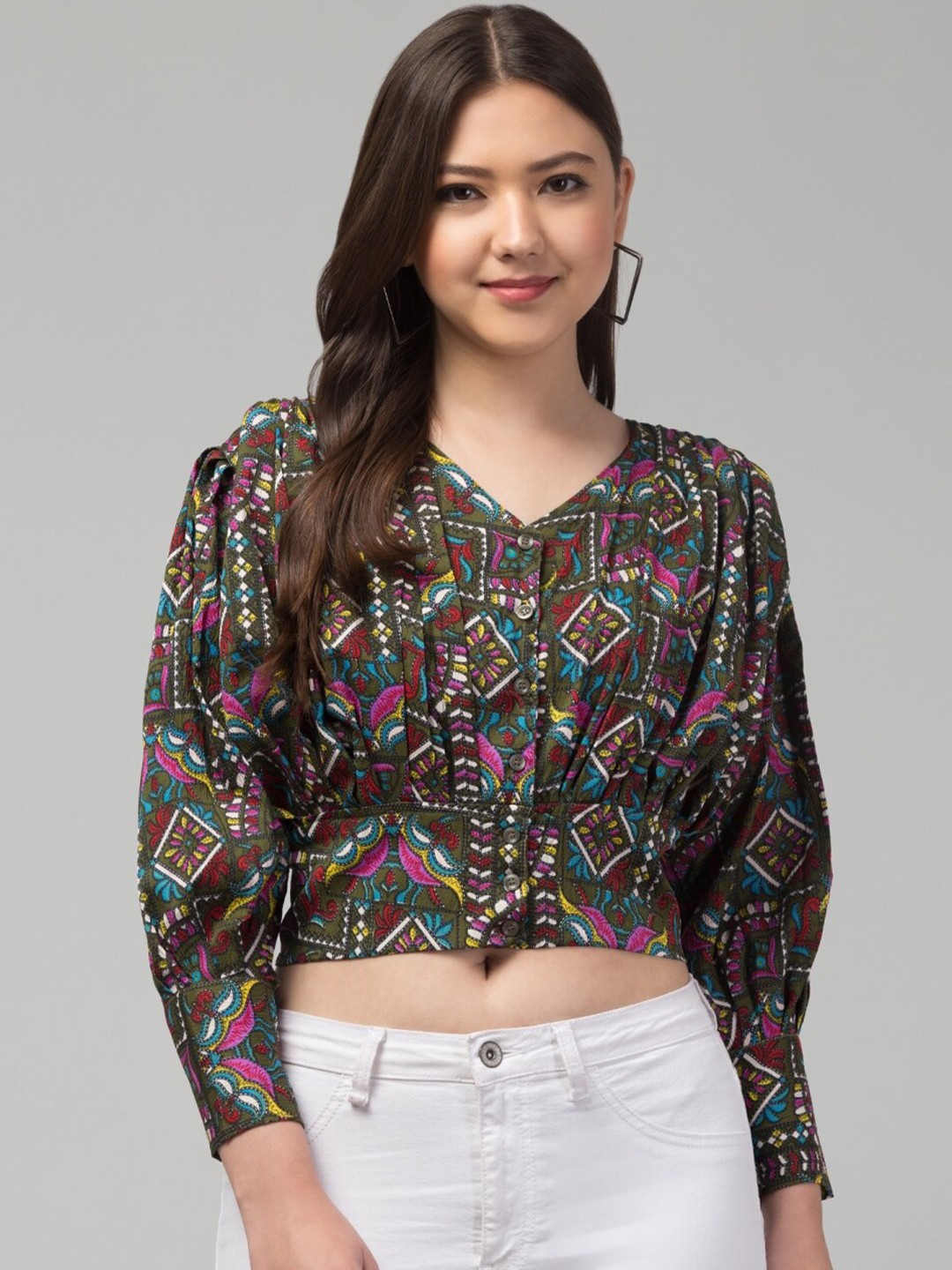 

Vastrasky Global Ethnic Motifs Printed Puff Sleeve Ethnic Crepe Crop Top, Green