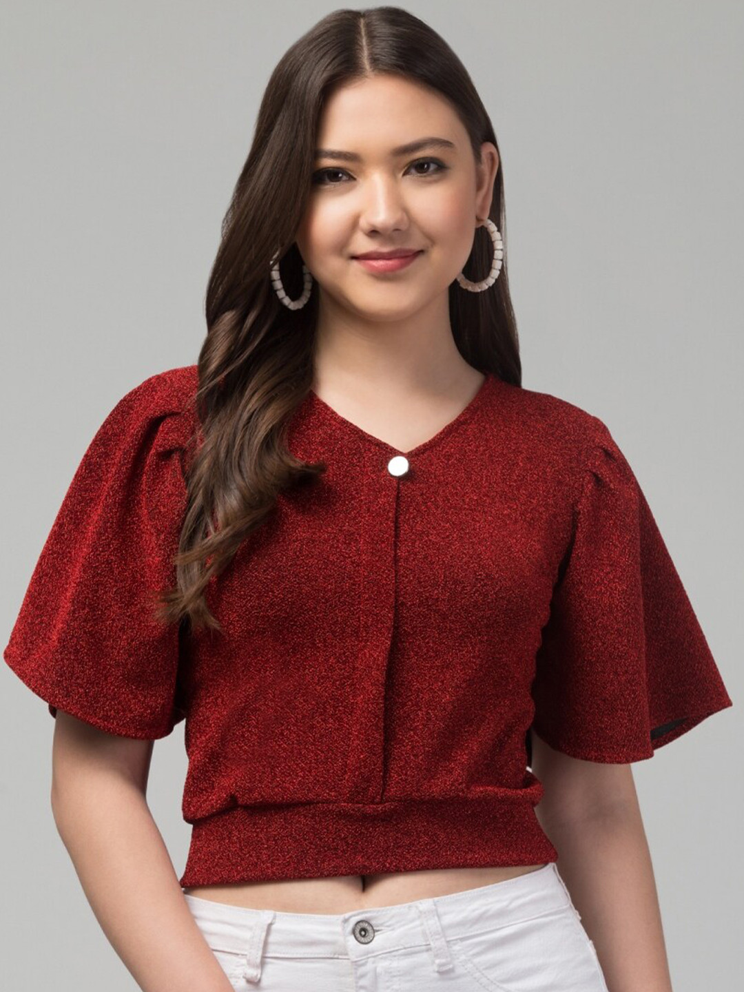 

Vastrasky Global V-Neck Extended Sleeves Crop Top, Red
