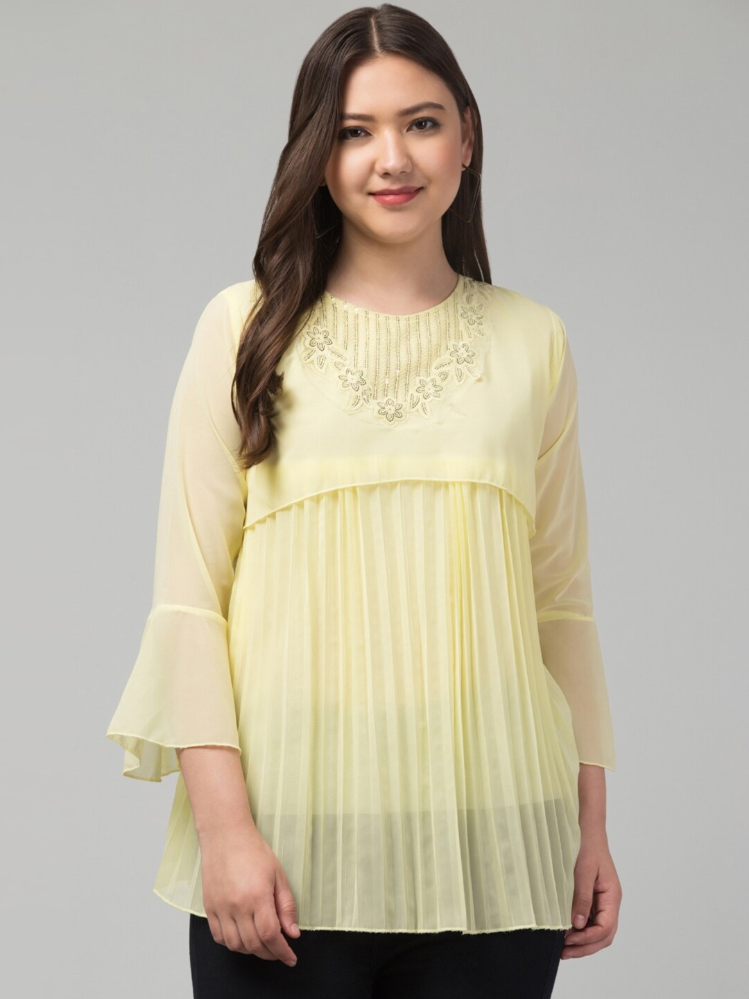 

Vastrasky Global Sequined Bell Sleeve Crepe Top, Yellow