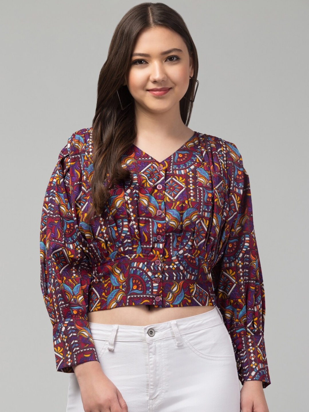

Vastrasky Global Floral Print Georgette Crop Top, Maroon