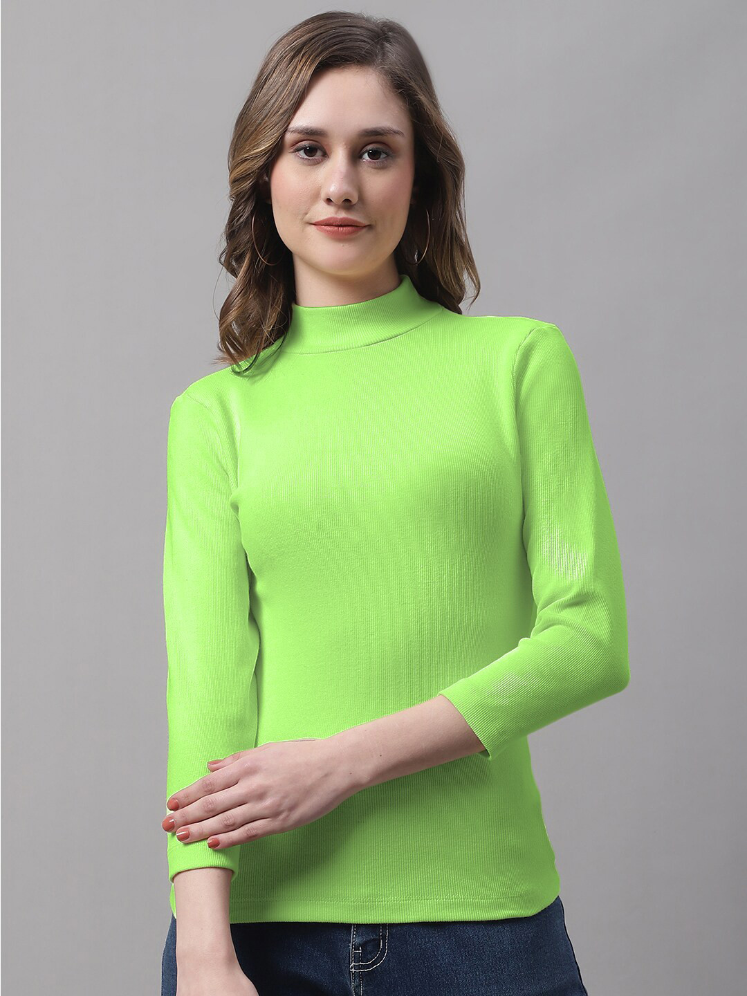 

FBAR High Neck Regular Cotton Casual Top, Fluorescent green