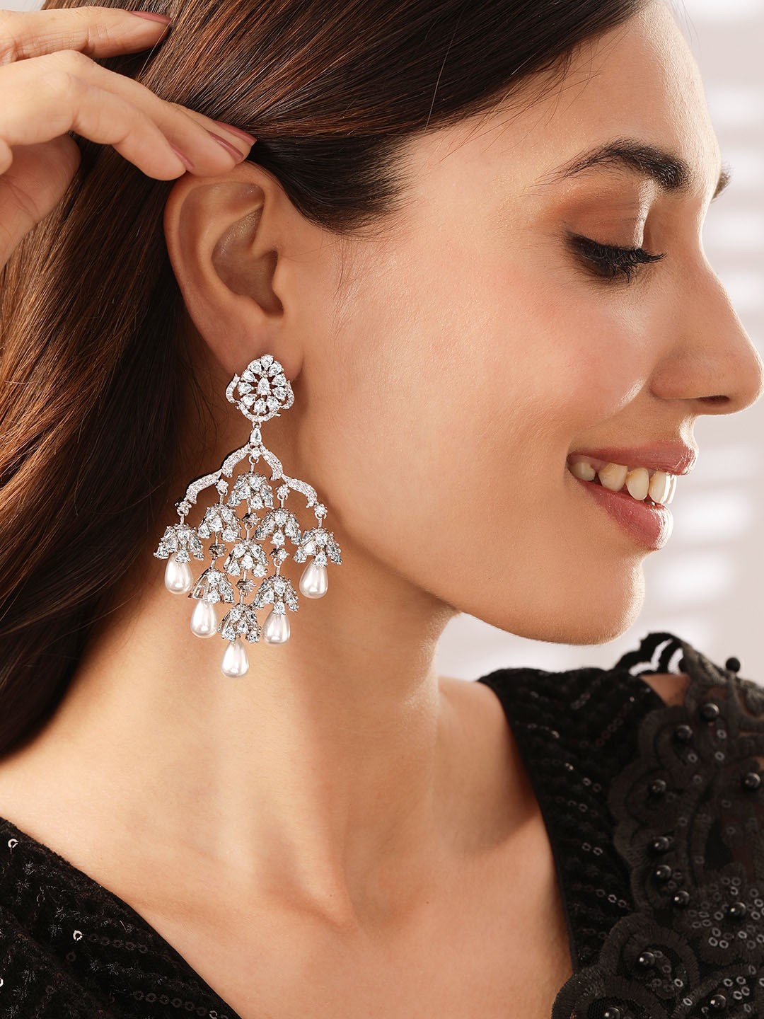 

Rubans Rhodium-Plated Cubic Zirconia Studded Chandelier Drop Earrings, Silver