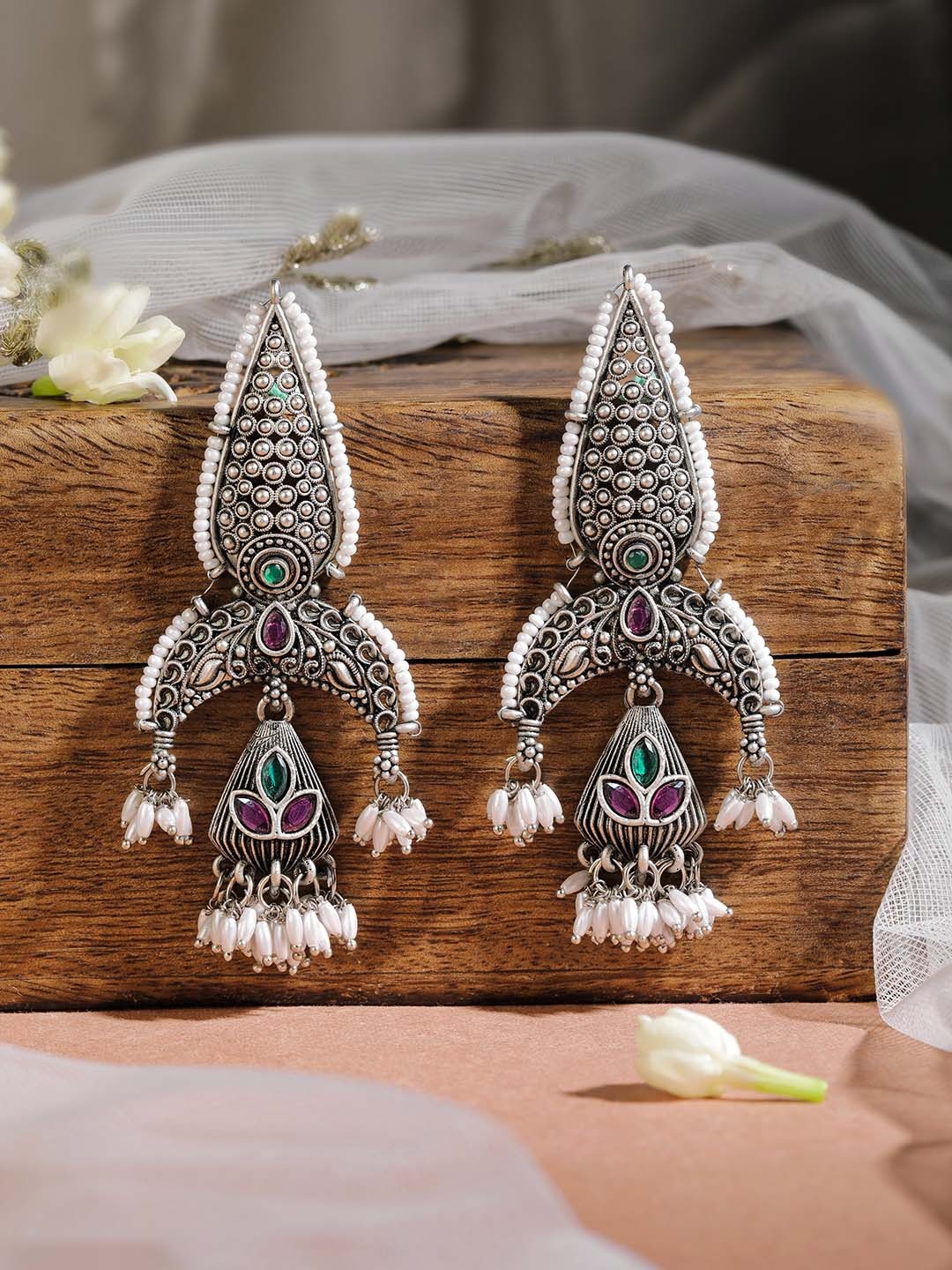 

Rubans Silver-Plated Kundan Classic Jhumkas