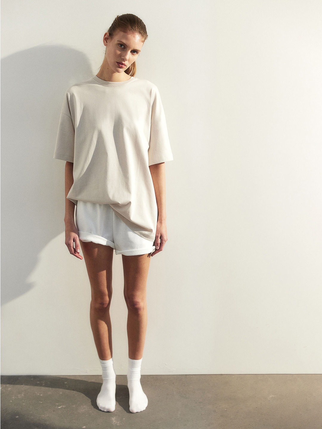 H&M Pure Cotton Oversized T-shirt, Beige