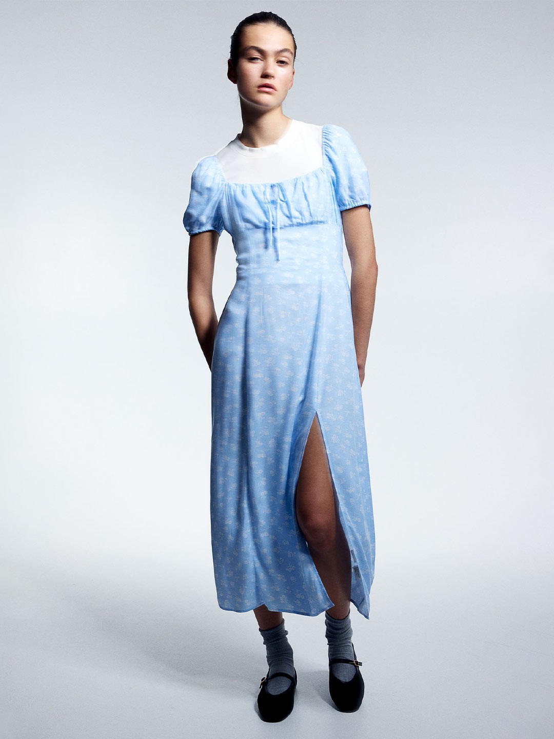 

H&M Puff-Sleeved Midi Dress, Blue