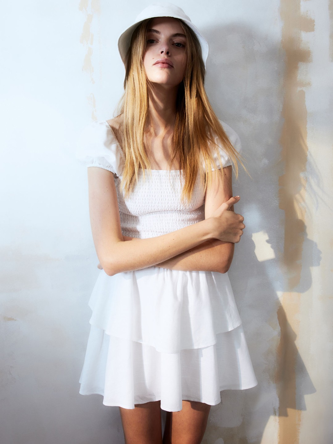 

H&M Tiered-Skirt Smocked Dress, White