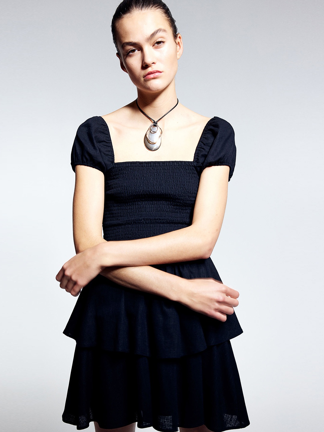 

H&M Tiered-Skirt Smocked Dress, Black