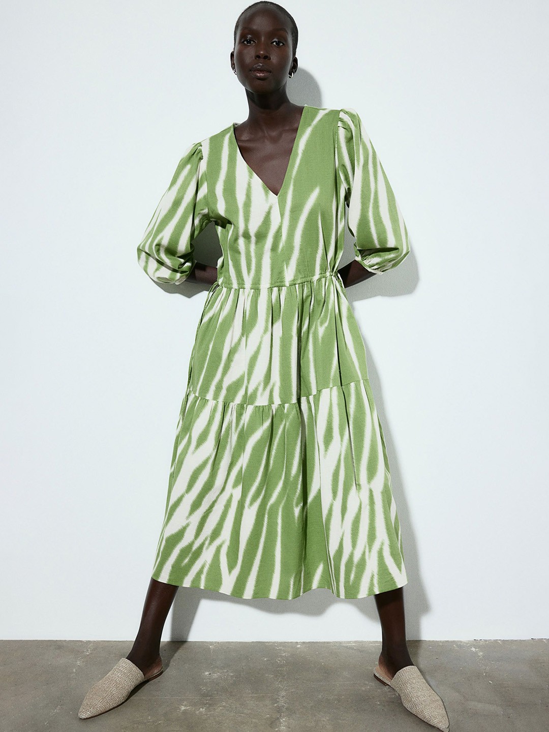 

H&M Pure Cotton Drawstring-Waist Dress, Green