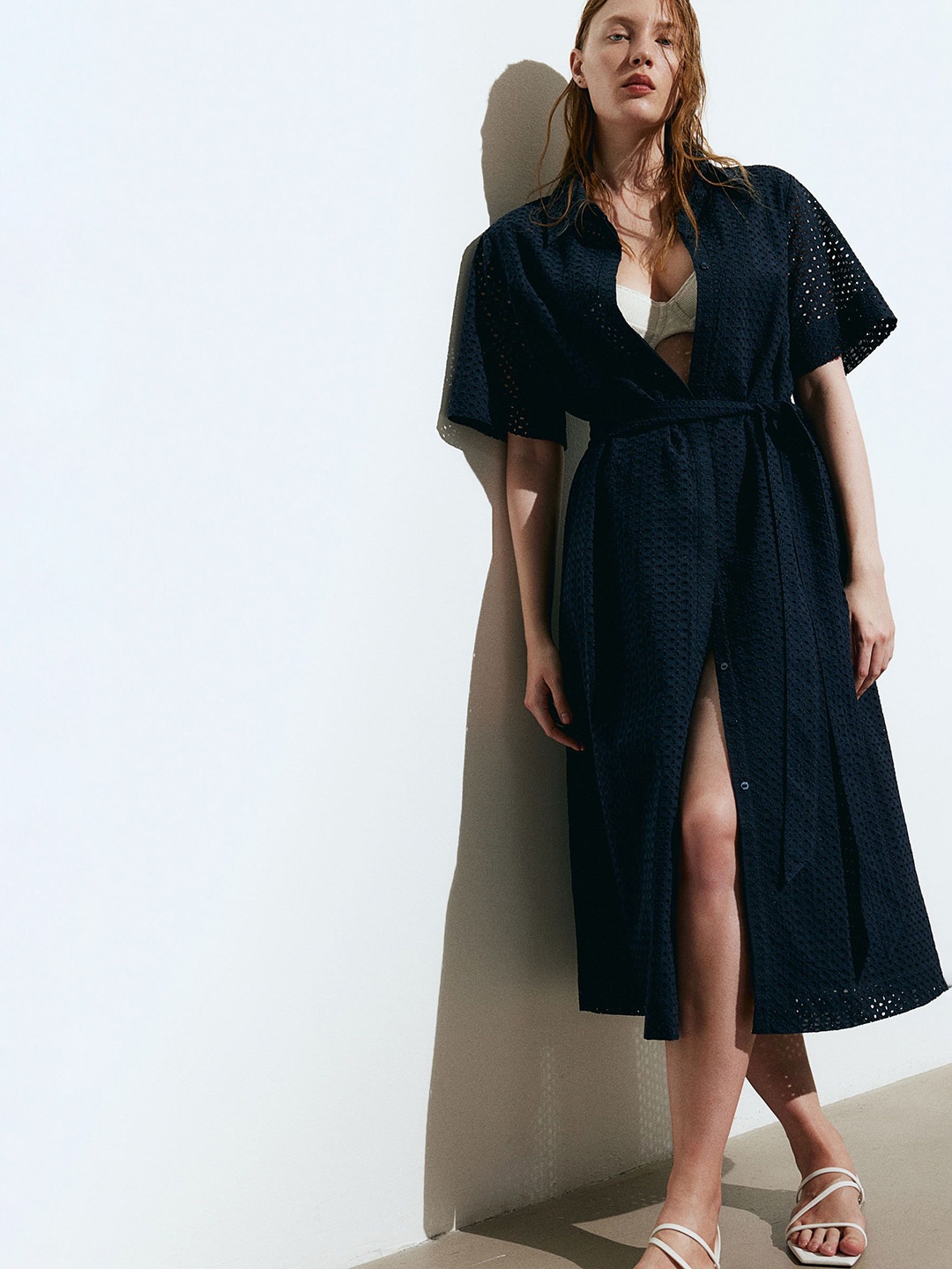 

H&M Cotton Broderie Anglaise Shirt Dress, Blue