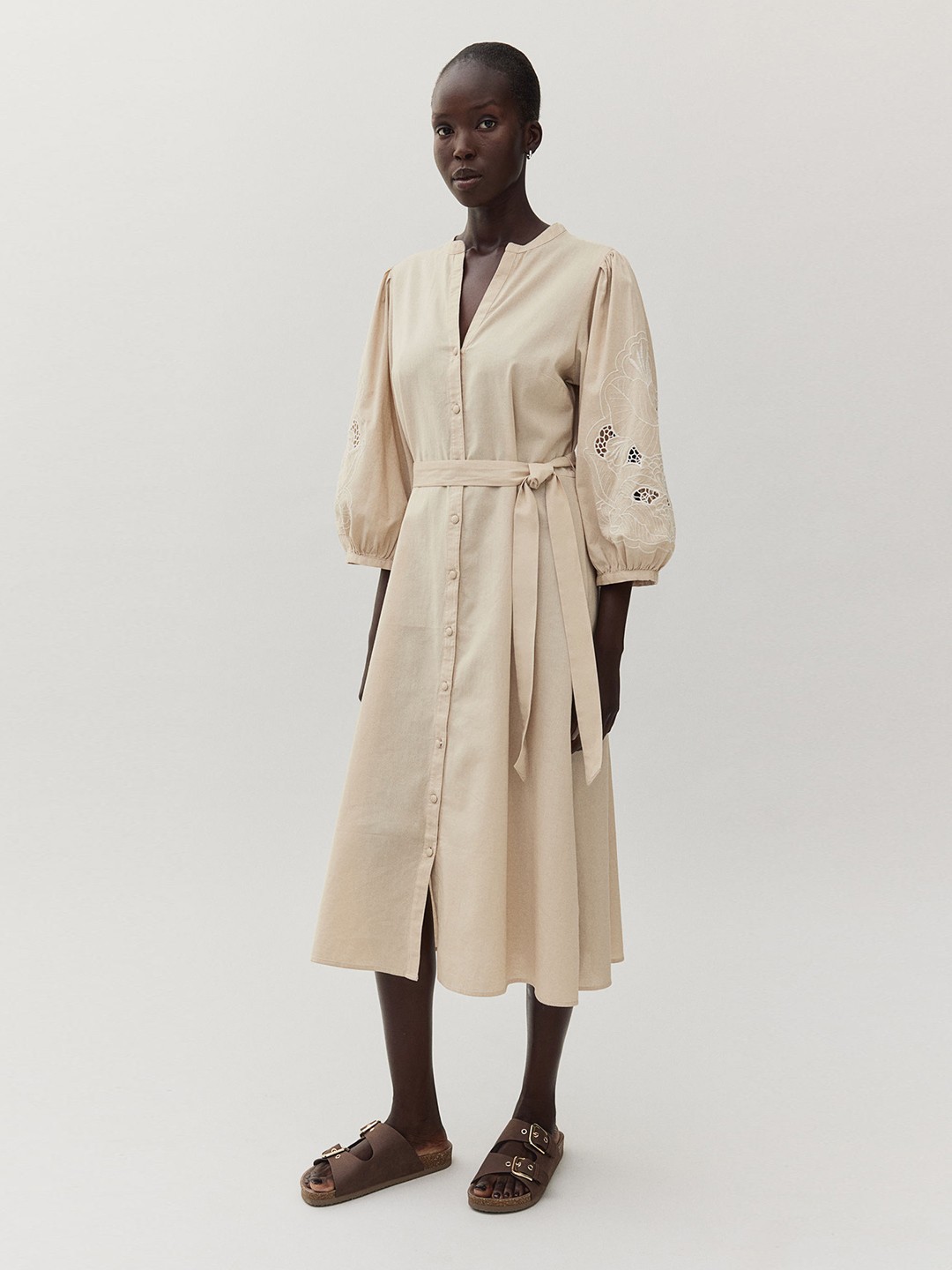 

H&M Embroidered V-Neck Dress, Beige