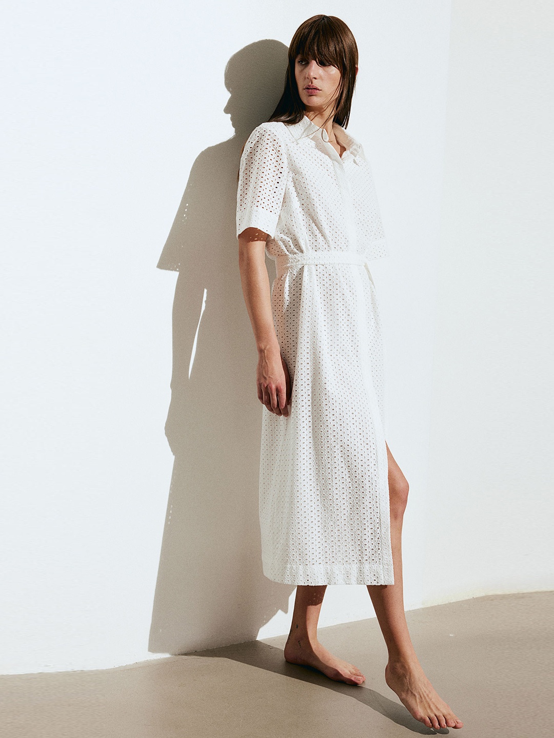 

H&M Pure Cotton Broderie Anglaise Shirt Dress, White