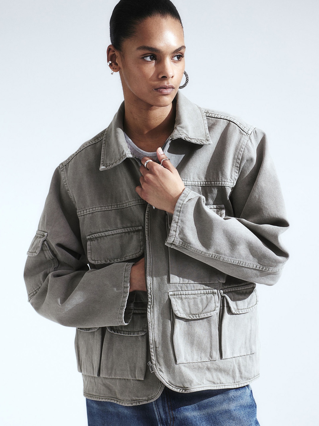 

H&M Pure Cotton Denim Utility Jacket, Green