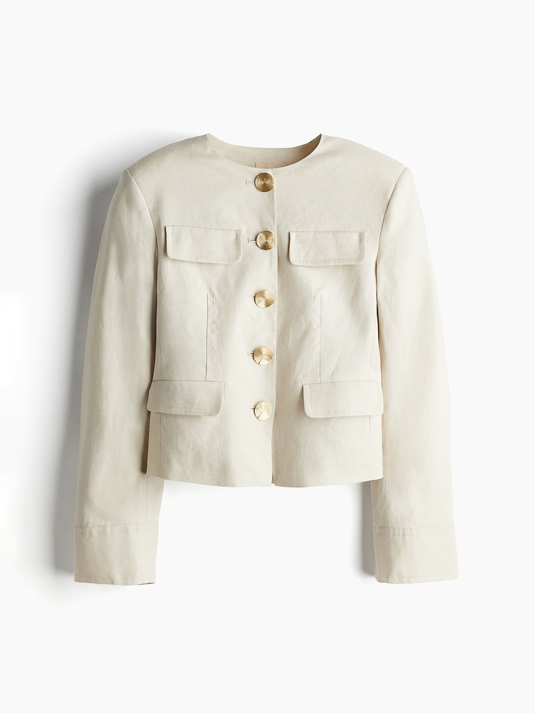 

H&M Women Linen Collarless Jacket, Beige
