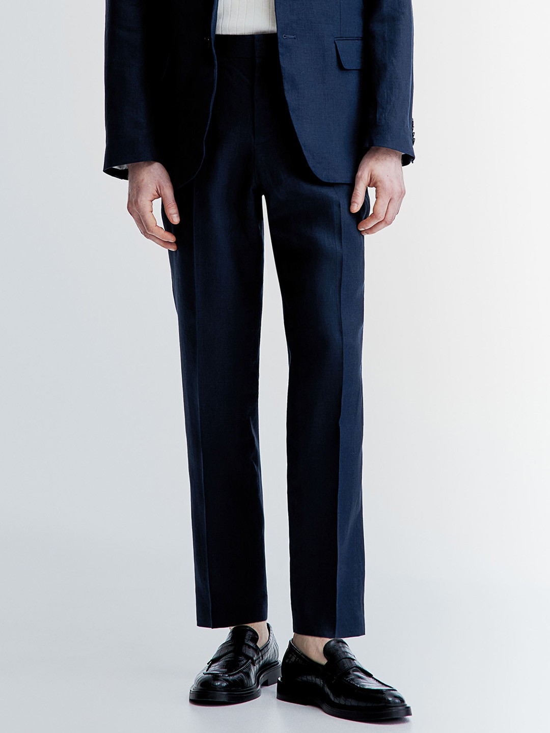 

H&M Men Slim Fit Linen Suit Trousers, Blue