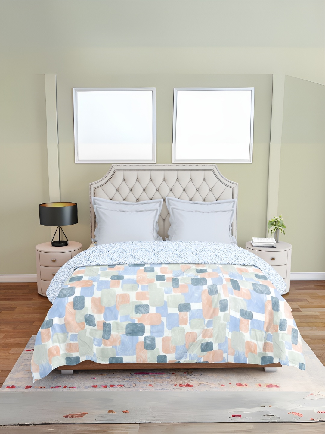 

borato Blue & White Geometric AC Room 300 GSM Double Bed Dohar