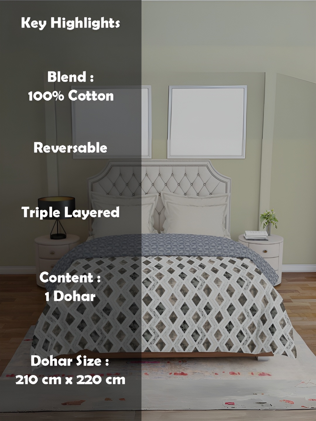 

borato Grey & White Geometric AC Room 300 GSM Reversible Double Bed Dohar