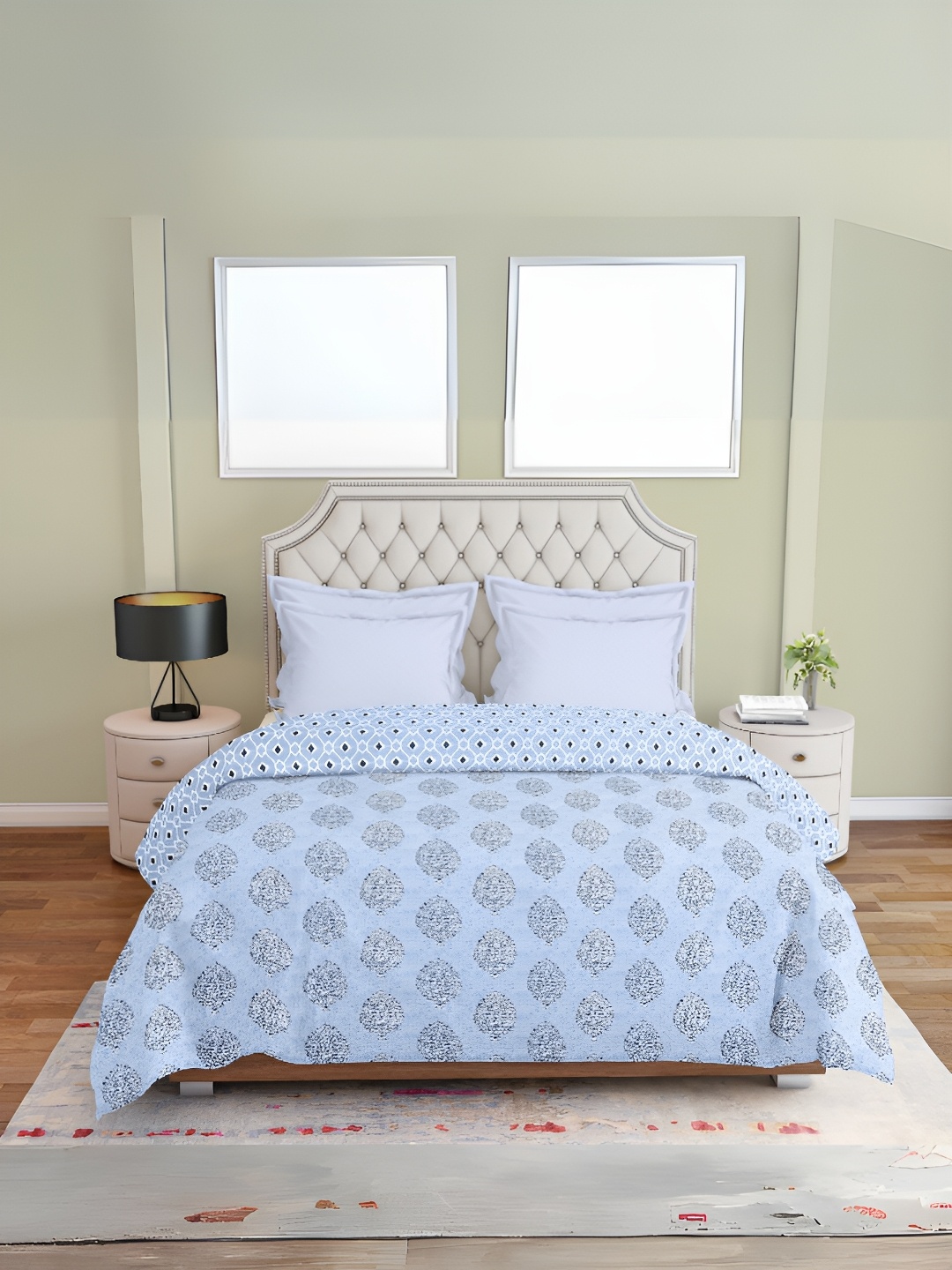 

borato Blue & White Floral AC Room 300 GSM Reversible Double Bed Dohar