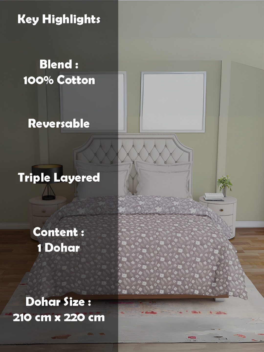 

borato Grey & White Floral AC Room 300 GSM Double Bed Dohar