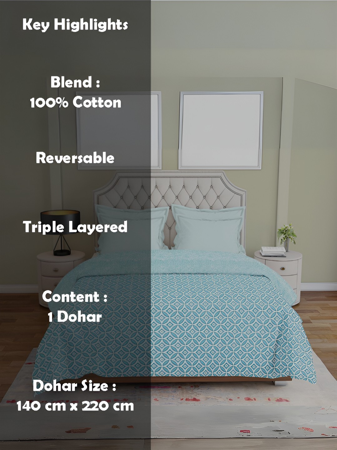 

borato Green & White Geometric AC Room 300 GSM Reversible Single Bed Dohar