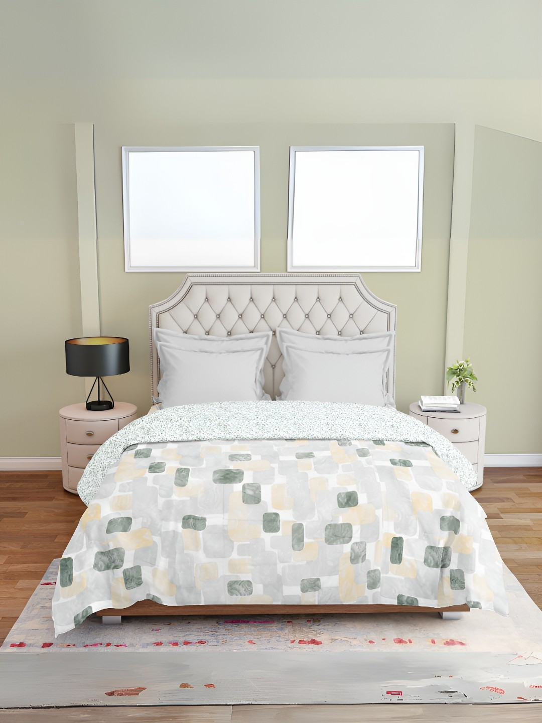 

borato Green & White Geometric AC Room 300 GSM Reversible Single Bed Dohar