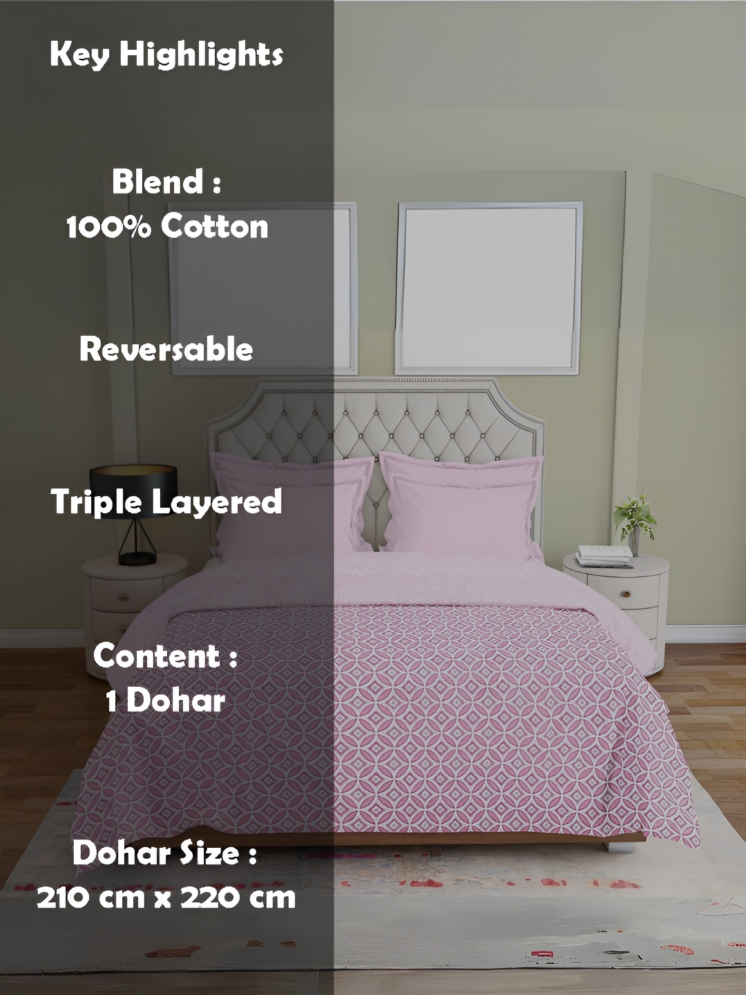 

borato Pink & White Geometric AC Room 300 GSM Reversible Double Bed Dohar